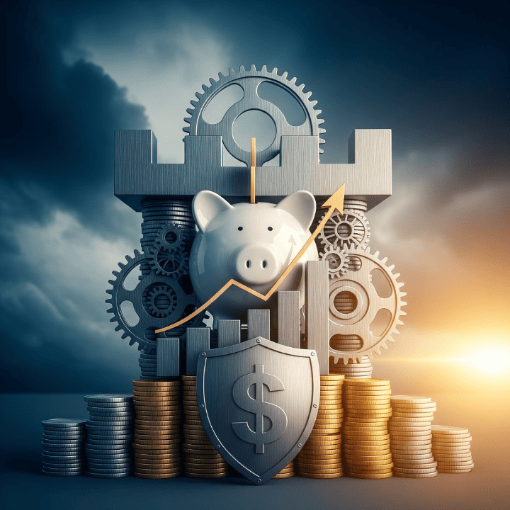 A stylized illustration of a robust fortress built from financial symbols, standing firm against a stormy background, symbolizing financial resilience against economic shocks.