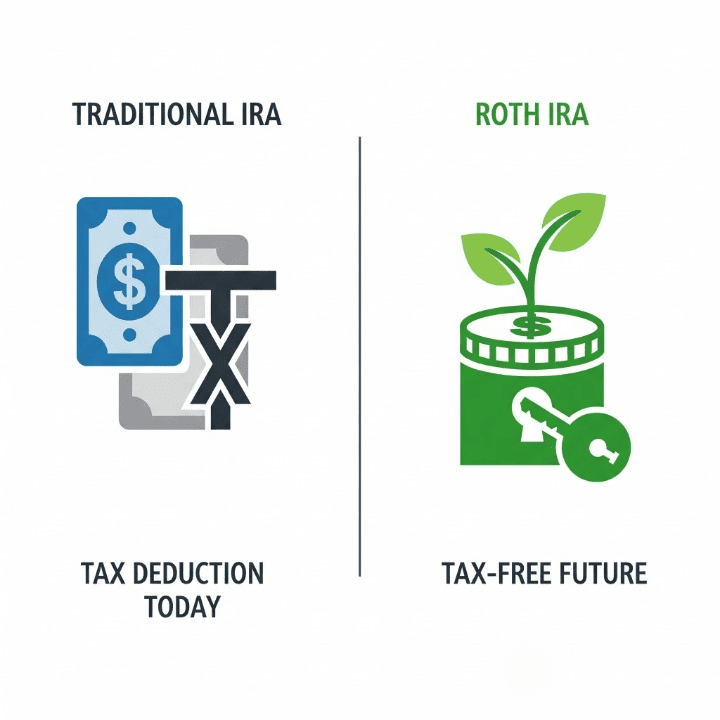 A split-screen illustration comparing a Roth IRA and a Traditional IRA, with visual cues representing the tax benefits of each and their core differences.