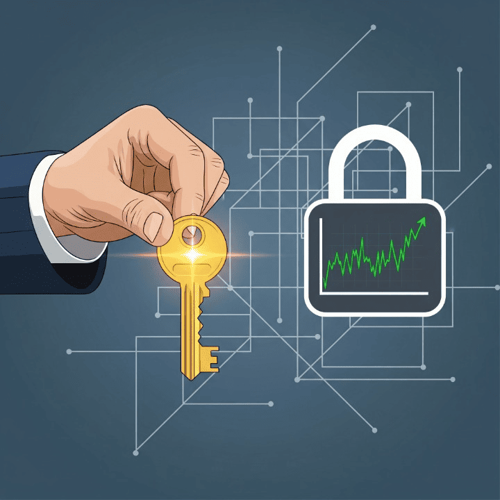 A stylized illustration of a hand holding a key that is unlocking a financial gateway with a stock market chart inside, symbolizing the first step to opening a brokerage account.