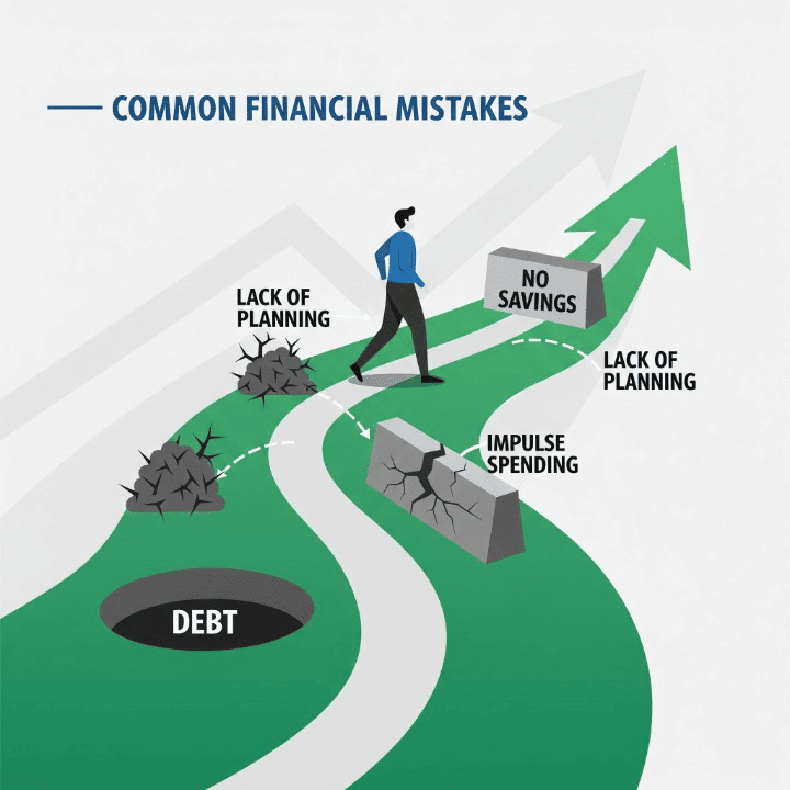A stylized illustration of a person navigating a financial roadmap, avoiding common pitfalls like debt and overspending, and heading toward a secure future.