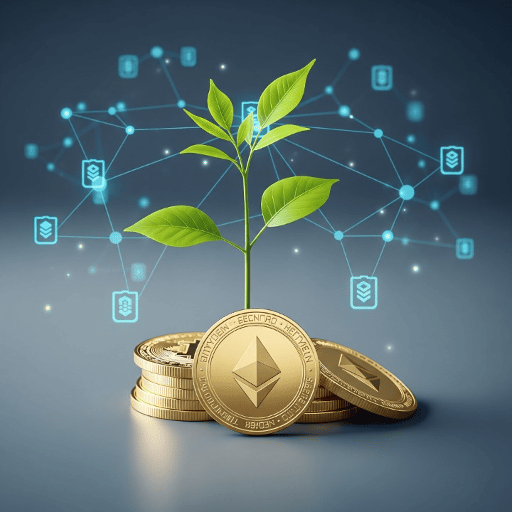 A stylized illustration of a growing plant emerging from a stack of cryptocurrency coins, symbolizing earning passive income through crypto staking.