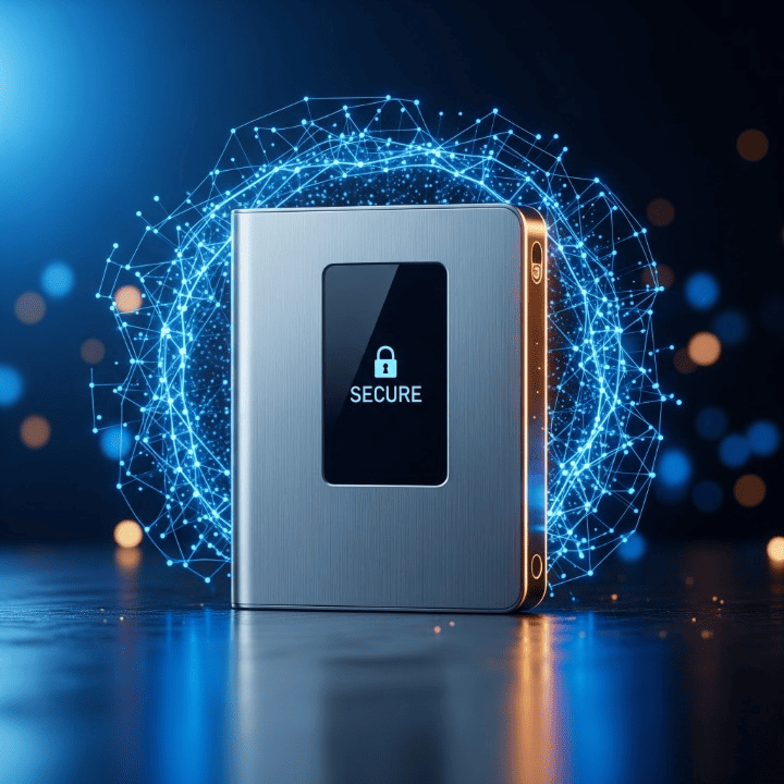 A secure hardware cryptocurrency wallet is shown against a modern, digital blockchain background.