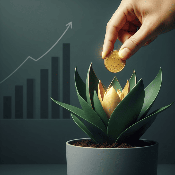 A stylized illustration showing a hand placing a coin into a pot with a growing plant, symbolizing the process of investing and long-term financial growth.