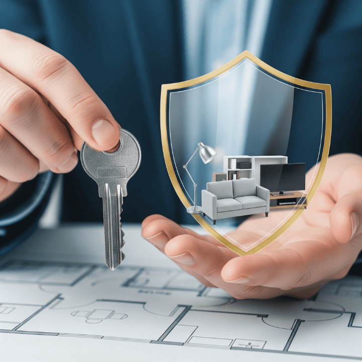 A stylized illustration of a hand holding a house key with a transparent shield protecting a small collection of household items, symbolizing the security provided by renter's insurance.