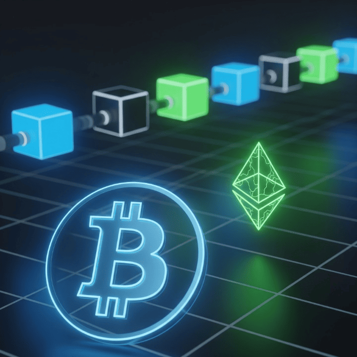 A stylized illustration of a blockchain, with a prominent Bitcoin logo in the foreground and smaller digital symbols emerging behind it, representing the state of crypto in 2015.