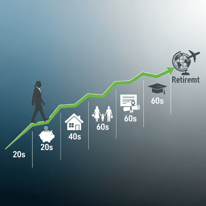 A stylized illustration of a person walking on a financial path that represents the different stages of life, from saving in youth to a secure and active retirement.
