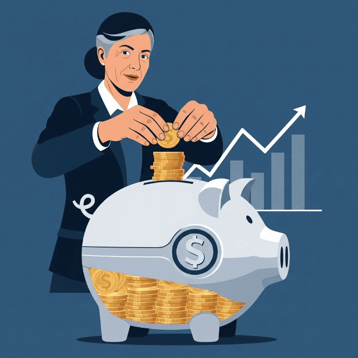 A stylized illustration of a person over 50 making a large contribution to a piggy bank, with a steeply rising chart in the background, symbolizing accelerated retirement savings.
