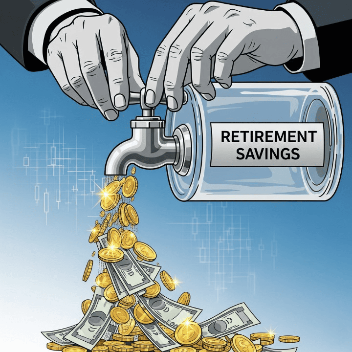 A stylized illustration of a person's hand turning a spigot on a retirement savings jar, with a steady stream of coins flowing out, symbolizing a planned retirement income strategy.