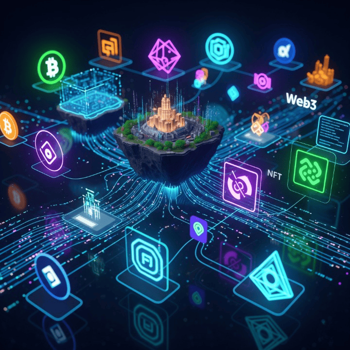 Illustrative artwork showing the expansive crypto ecosystem beyond Bitcoin, featuring interconnected symbols of DeFi, NFTs, and Web3 technologies like smart contracts and virtual reality, highlighting innovation in digital finance.