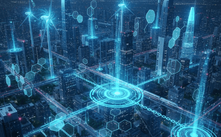 Illustration of Decentralized Physical Infrastructure Networks (DePINs) showing blockchain connecting to real-world infrastructure like telecom towers, energy grids, and data centers.