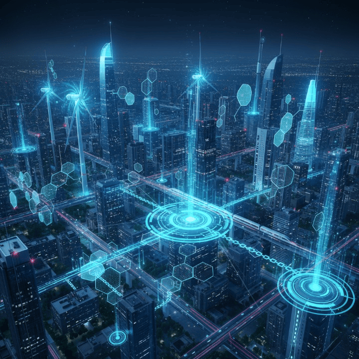 Illustration of Decentralized Physical Infrastructure Networks (DePINs) showing blockchain connecting to real-world infrastructure like telecom towers, energy grids, and data centers.