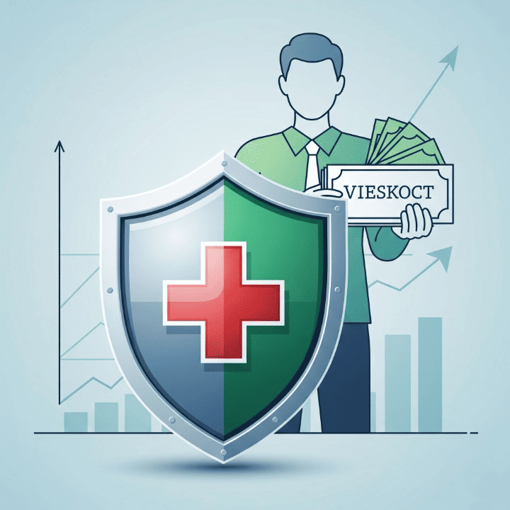 A stylized illustration of a protective shield covering a person holding a paycheck, symbolizing the financial security provided by disability insurance.