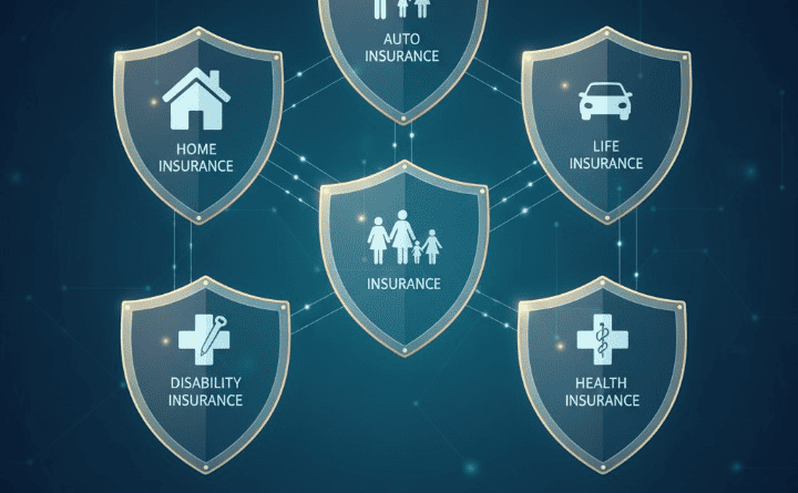 Illustration of various insurance policies as protective shields safeguarding a house, car, family, and person, symbolizing financial security and asset protection.