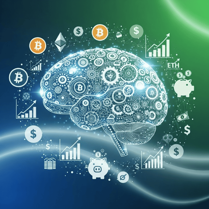 A stylized digital brain surrounded by financial icons representing automation and intelligence in the digital finance landscape.
