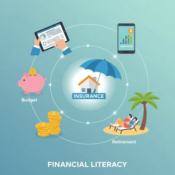 Infographic illustrating smart money management concepts: budgeting, saving, investing, cryptocurrencies, insurance, and retirement planning.