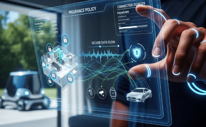 Holographic interface showing insurance data and IoT device icons, representing the shift from claims to prevention in insurance through proactive technology.