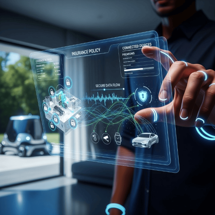 Holographic interface showing insurance data and IoT device icons, representing the shift from claims to prevention in insurance through proactive technology.