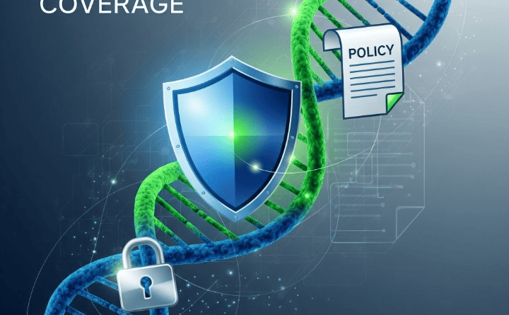 Abstract illustration of DNA helixes merging with insurance symbols like a shield and secure lock, representing the integration of genetics into life and health insurance underwriting.
