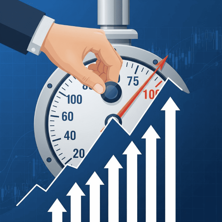 A stylized illustration of a hand turning a large dial that is increasing a value, symbolizing a Federal Reserve interest rate hike.