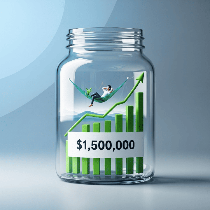 A stylized illustration of a person relaxing on a hammock on top of a rising financial graph inside a glass jar, symbolizing a secure and comfortable retirement savings goal.
