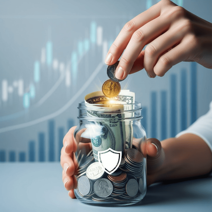 A person's hands placing money into a secure glass jar with a shield icon, symbolizing the process of building a financial safety net.