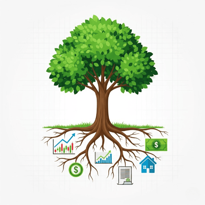 A stylized illustration of a tree with roots that branch out into different investment symbols, representing a diversified and resilient investment portfolio.