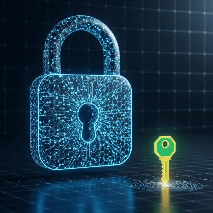 A stylized illustration of a digital vault door with a glowing key icon in the foreground, symbolizing the secure storage of cryptocurrency with a private key.