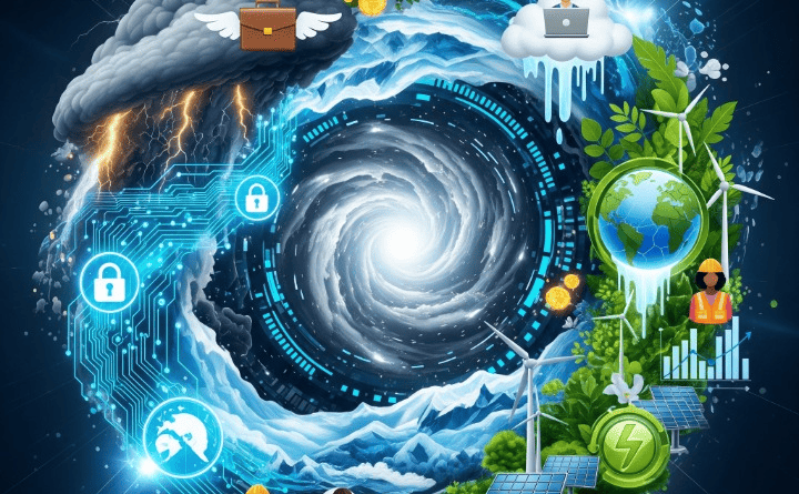 Abstract representation of cyber security, climate change, and gig economy risks, with symbols of protection and modern solutions.