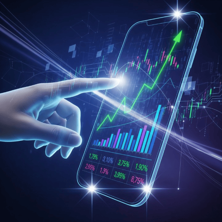A futuristic illustration of a hand interacting with a digital screen showing a mix of financial charts and code, representing the intersection of technology and digital investing.