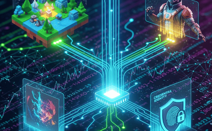 A vibrant digital illustration showing various NFT applications connected by blockchain lines, symbolizing evolving digital identity and ownership. It features elements like virtual avatars, unique digital art, tokenized real estate, and verifiable credentials, set against a backdrop of glowing data streams representing the financial impact of digital assets.