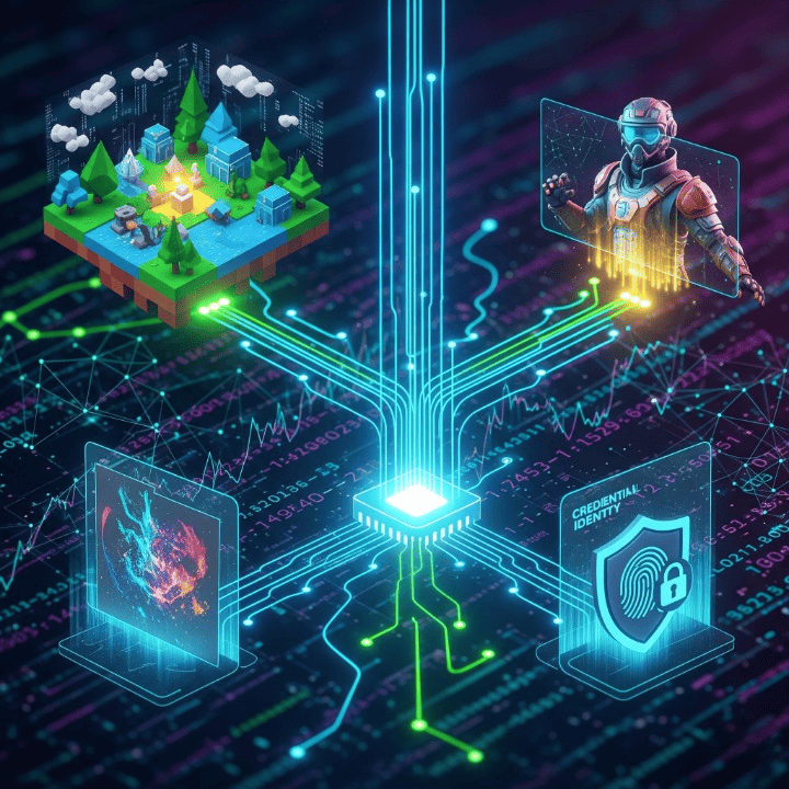 A vibrant digital illustration showing various NFT applications connected by blockchain lines, symbolizing evolving digital identity and ownership. It features elements like virtual avatars, unique digital art, tokenized real estate, and verifiable credentials, set against a backdrop of glowing data streams representing the financial impact of digital assets.
