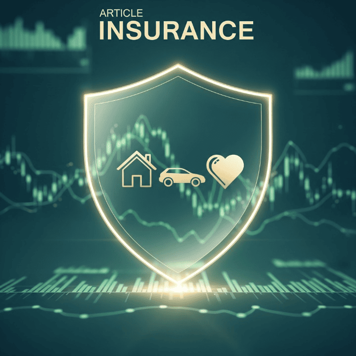 An icon-based image showing a translucent shield protecting a house, a car, and a heart, symbolizing the role of insurance in financial and personal protection.