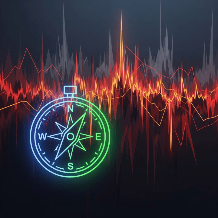 A digital illustration of a calm, central figure standing firm in front of a volatile, downward-trending stock market chart, symbolizing a long-term investor's resilience.
