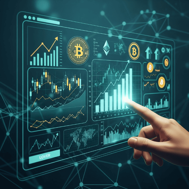A stylized digital illustration showing a hand interacting with a holographic interface displaying cryptocurrency charts and symbols like Bitcoin and Ethereum, set against a dark blue background to represent strategic crypto investment.