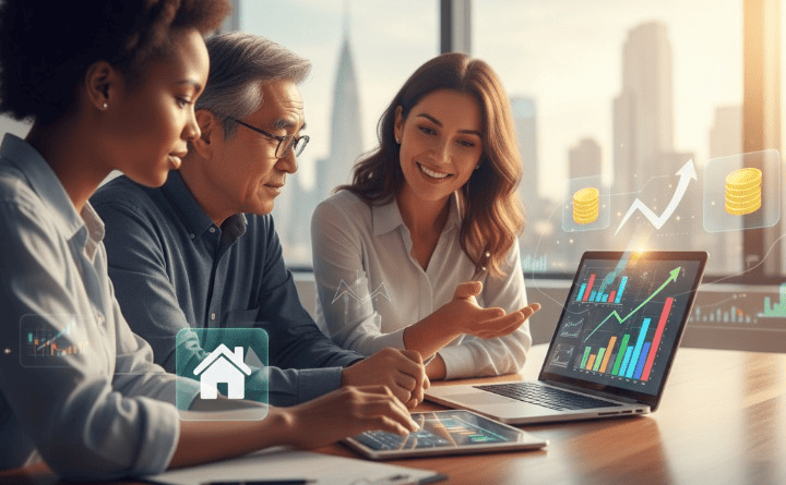 Diverse individuals learning about smart investing, looking at financial charts and digital assets on a screen, symbolizing growth and education in the stock market.