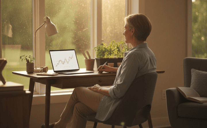 A person enjoying a flexible lifestyle during phased retirement, balancing work on a laptop with leisure activities like gardening, symbolizing a smooth transition to retirement.