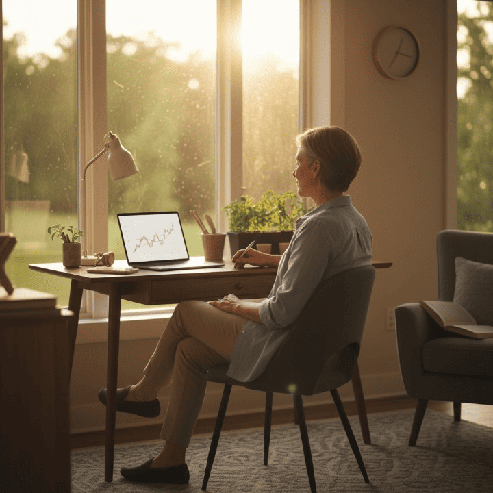 A person enjoying a flexible lifestyle during phased retirement, balancing work on a laptop with leisure activities like gardening, symbolizing a smooth transition to retirement.