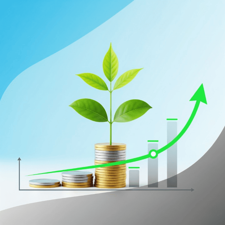 A stylized illustration of a small plant growing out of a stack of coins on a rising financial graph, symbolizing the power of early retirement planning and investment for young adults.