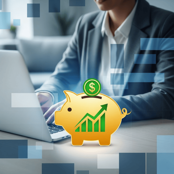 A person working on a laptop with a digital icon of a retirement savings fund in the foreground, symbolizing retirement planning for a self-employed individual.