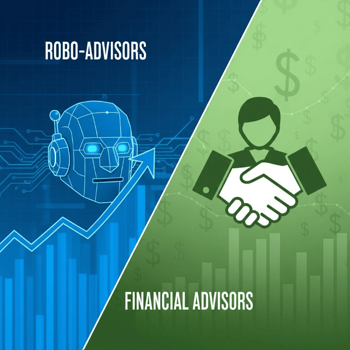A split-screen illustration comparing a robot (robo-advisor) and a human figure (financial advisor), with visual cues representing the automation and personalized service of each.