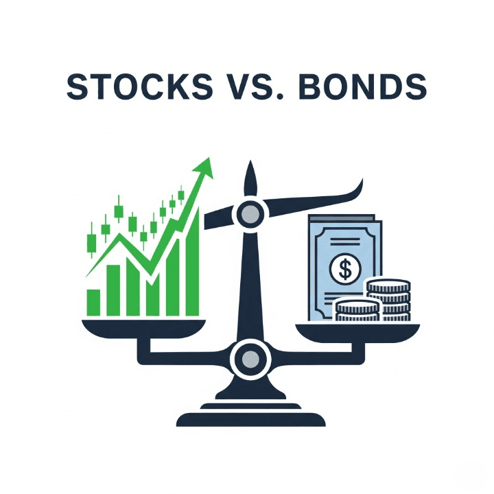 A stylized illustration of a balanced scale with a rising stock market chart on one side and a stack of coins representing bonds on the other, symbolizing a balanced investment portfolio.