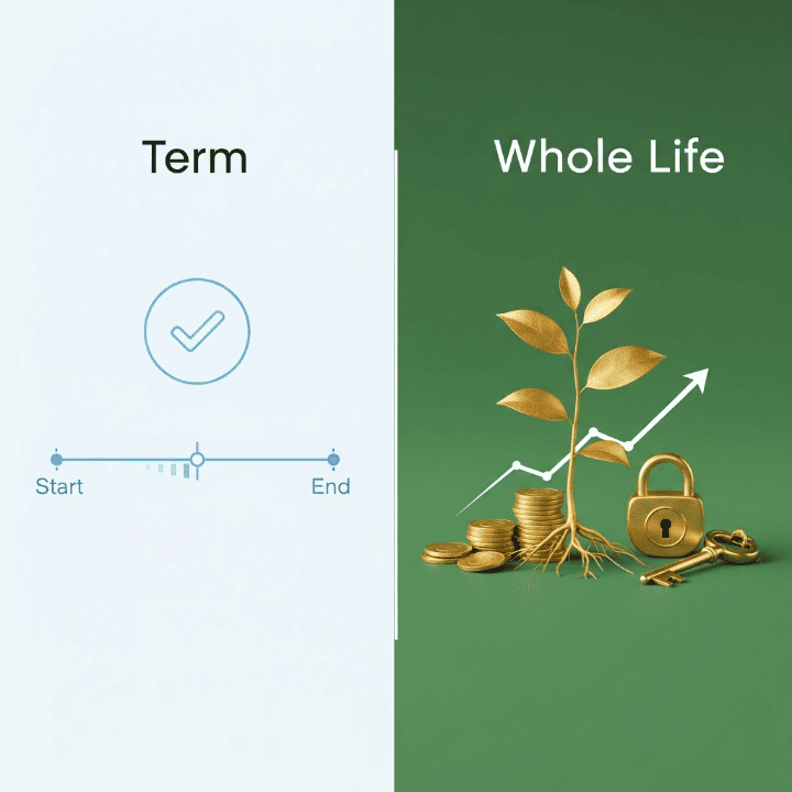 A split-screen illustration comparing term and whole life insurance, with visual cues representing the temporary nature of term and the permanent, growing cash value of whole life.