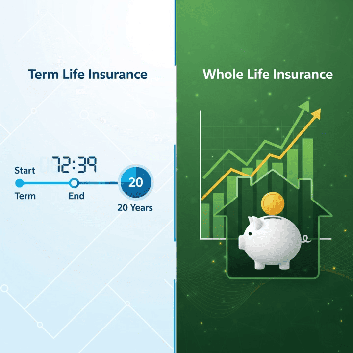 A stylized comparison image showing two sides: "Term Insurance" with a simple timeline and "Whole Life Insurance" with a graph representing growing cash value, illustrating the core differences between the policies.