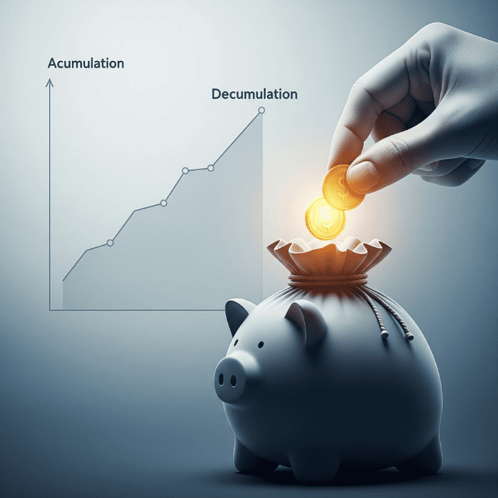 A stylized illustration of a hand carefully withdrawing coins from a full piggy bank, with a chart in the background showing the a financial plan, symbolizing a careful and planned retirement withdrawal strategy.