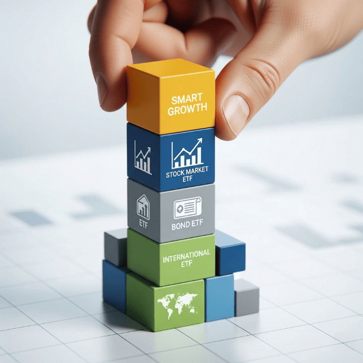 A stylized illustration of a person's hand stacking various building blocks, each one a different ETF, to form a solid and diversified investment portfolio.