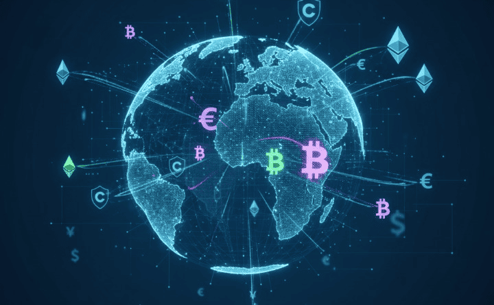 Digital currency symbols interacting with a global map, representing the shift in international trade finance from traditional dollars to digital currencies and highlighting financial innovation.