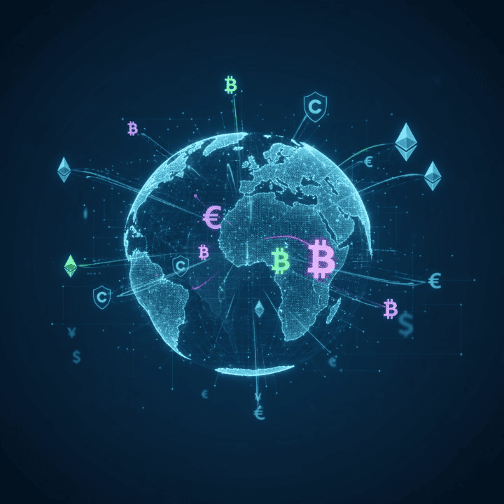 Digital currency symbols interacting with a global map, representing the shift in international trade finance from traditional dollars to digital currencies and highlighting financial innovation.
