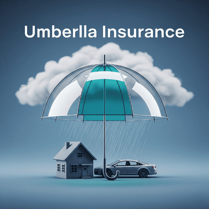 A stylized illustration of an umbrella providing an extra layer of protection over a house and a car, symbolizing an umbrella insurance policy.