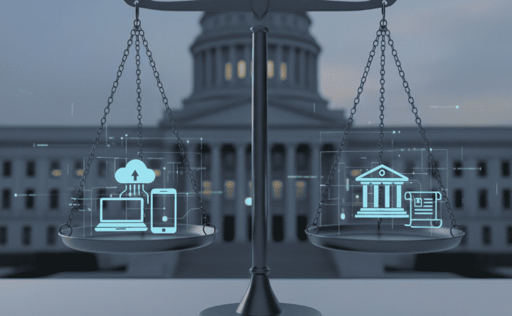 Scales of justice balancing with tech icons and government buildings, symbolizing antitrust regulatory scrutiny on Big Tech investments.