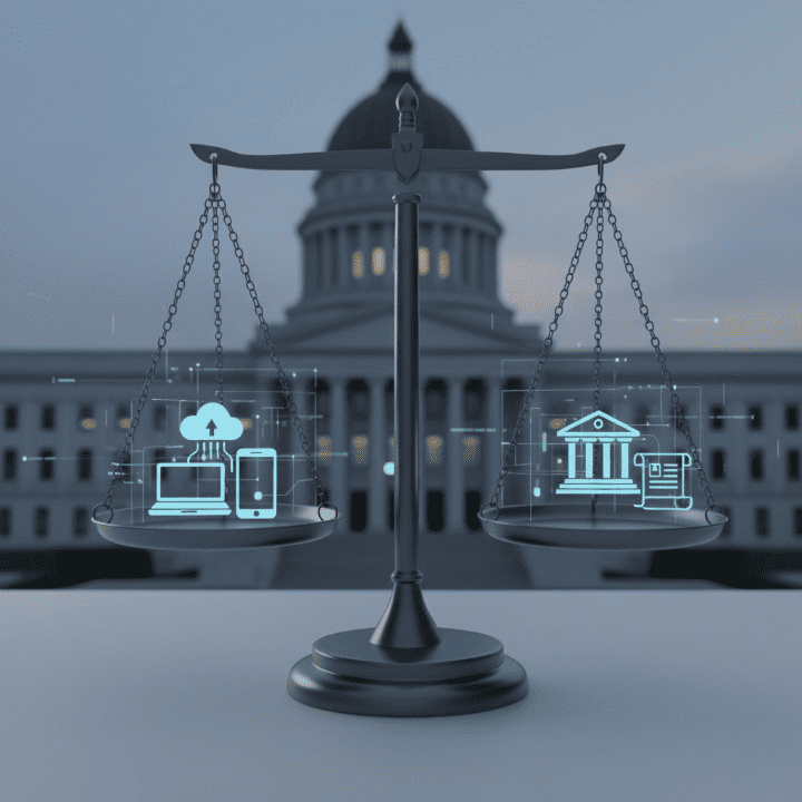 Scales of justice balancing with tech icons and government buildings, symbolizing antitrust regulatory scrutiny on Big Tech investments.